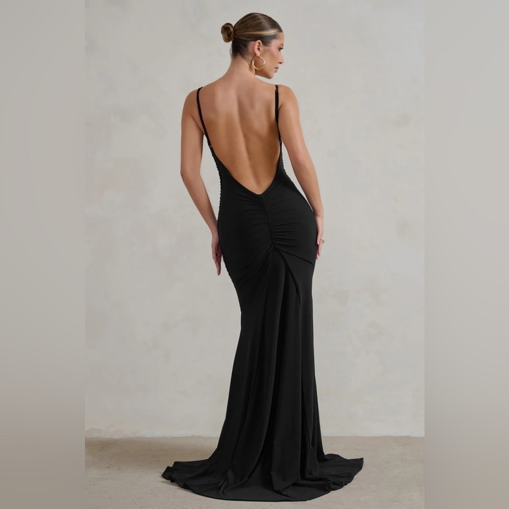 Club L London Black Low-Back Ruched Evening Dress